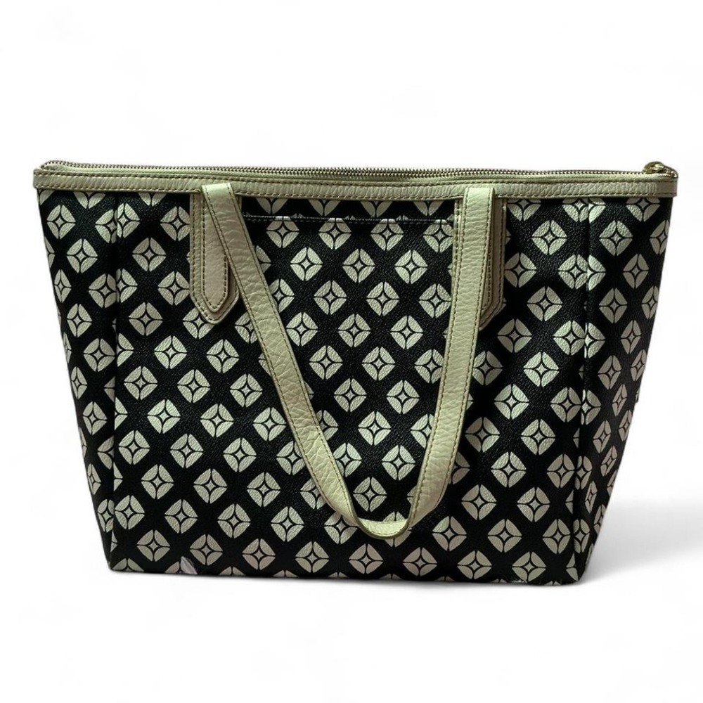 Fossil Tote‎ Bag Black White Geometric Print Coated Canvas Purse Handbag - Picture 3 of 8